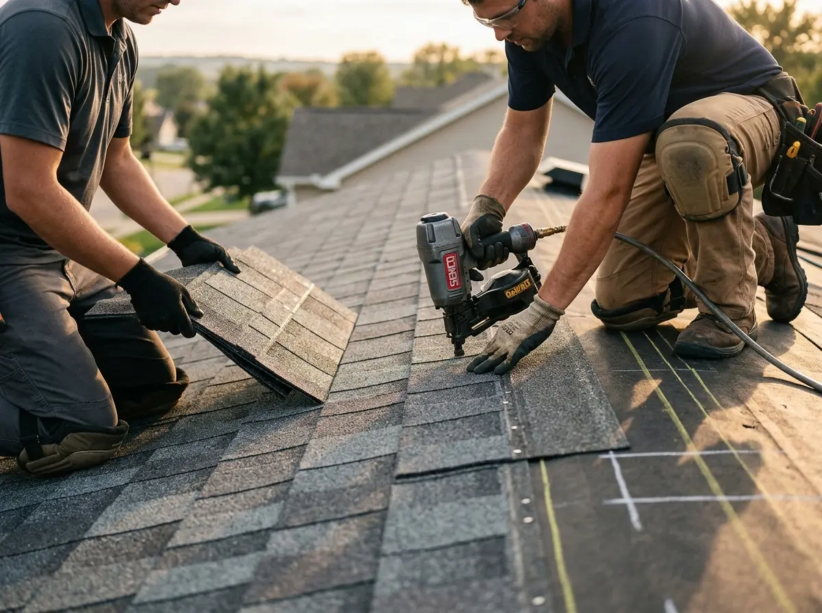 Professional roofer working on a residential roof in Catoosa